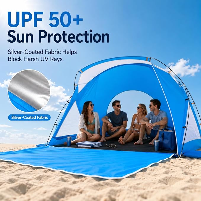 Beach Tent, Portable Sun Shelter for 2/3/4/6-8 Person with UPF 50+ UV Protection, Easy Setup Waterproof Beach Shade Canopy Cabana for Family Outdoor and Picnics, Fishing with Carrying Bag - Image 2