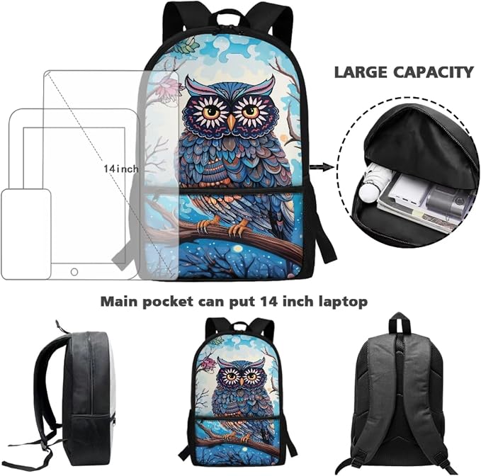 Retro Owl Branch Print Schoolbag Set for Student Backpacks Large Capacity Bookbag Lunch Box Pencil Case 17 Inch Travel Laptop Bag Fashion Rucksack Washable Daypack - Image 3