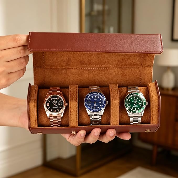 Luxury Hexagonal Leather Watch Roll for 3 Watches, Men's Gift | Multiple Watch Capacity,Premium Hexagon Leather,Velvet M-Shaped Cushions,Secure Snap Closure,Storage Organizer - Image 2