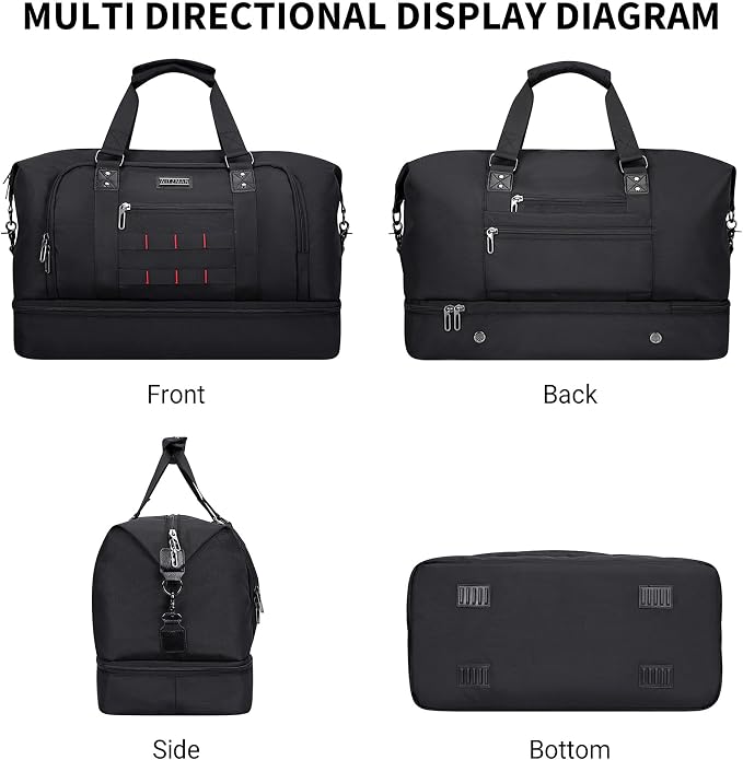 WITZMAN Nylon Duffle Bag for Men 55L with Toiletry Bag Sets Overnight Bag | Multi-pockets with Shoe Compartment and Dry-wet Pocket, Carry On, Convertible for Gym, Overnight, Sports, B696 Black - Image 8