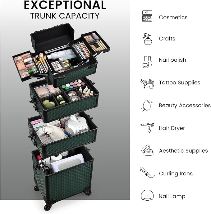 Stagiant Rolling Makeup Train Case Cosmetology Case on Wheels 4 in 1 Cosmetic Box Makeup Travel Case with Key Swivel Wheels Nail Artist Salon Barber StorageTraveling Cart Trunk Dark Green - Image 2
