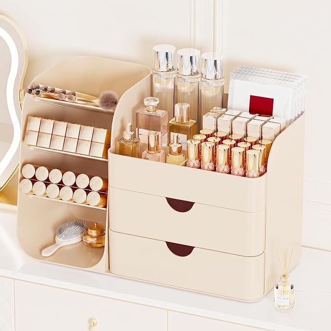 Booklov Small Makeup Organizer for Vanity and Bathroom Countertop, Cream | Plastic Cosmetic Display Case with Drawers, Beauty Brush Holder for Dresser Counter Skin Care Eyeshadow Lipstick Storage - Image 9