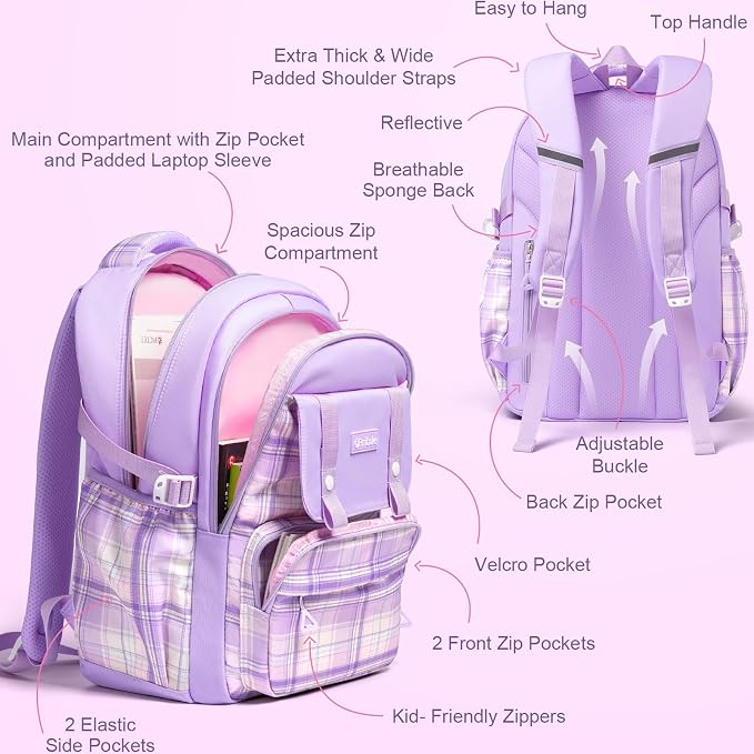 Fimibuke Kids Backpack for Girls, 3 PCS Waterproof Teens Girls School Backpack with Lunch Box, Pencil Pouch Set, Cute Bookbag Travel School Bag for Elementary Middle High School Student Age 6+(Purple) - Image 3