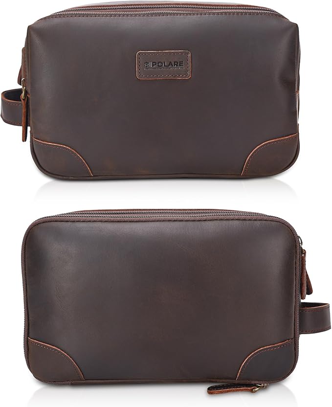 Polare Full Grain Leather Travel Toiletry Bag Dopp Kit Large Cosmetic Travel Case Shaving Kit Wash with YKK Zippers - Image 7
