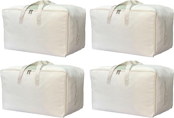 DoYiKe Soft Canvas Storage Bag with Zipper and Clear Window, Cotton Linen Organizer Storage for Pillow, Sweater, Sheets and Bedding, 55L, 4 Pack, Beige by DoYiKe