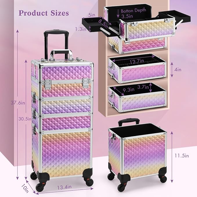 Yueieoun Makeup Case on Wheels, Rolling Train Case, 4-in-1 Makeup Trolley, Cosmetic Cases Makeup Travel Cart with Key for MUA, Hairstylists, Nail Tech, Gradient Purpple - Image 6