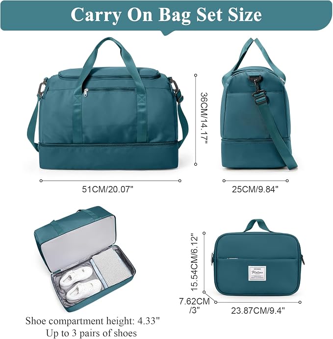 Large Travel Duffle Bag,Carry on Overnight Weekend Bag with Shoes Compartment,Weekender Bags for Women for Travel Business Trips Sport Hospital,2Pcs,Peacock Blue - Image 4