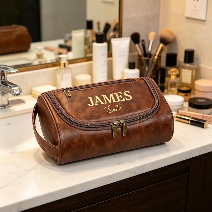 Personalized Leather Toiletry Bag, Brown, Three Layer Structure, Waterproof, Customizable Name Engraving, Travel Organizer for Men, Multi-Occasion Gift (TSN0925) - Image 3
