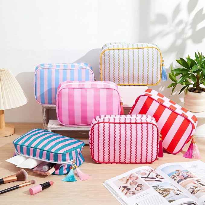 Kacctyen 6 Pack Mixed Color Striped Makeup Bag bulk with Tassel Travel Cosmetic Pouch Organizer Large Zipper Toiletry Case for Women Aesthetic Storage Pouch Mahjong Tile Bag - Image 8