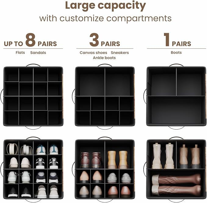 Varhomax Shoe Organizer Box for Closet, Fabric Shoe Storage Bin with Adjustable Dividers & Clear Cover, Holds up 16-32 Pairs of Sneakers & Sandals for Entryway, Cubby (Rust Brown) - Image 4