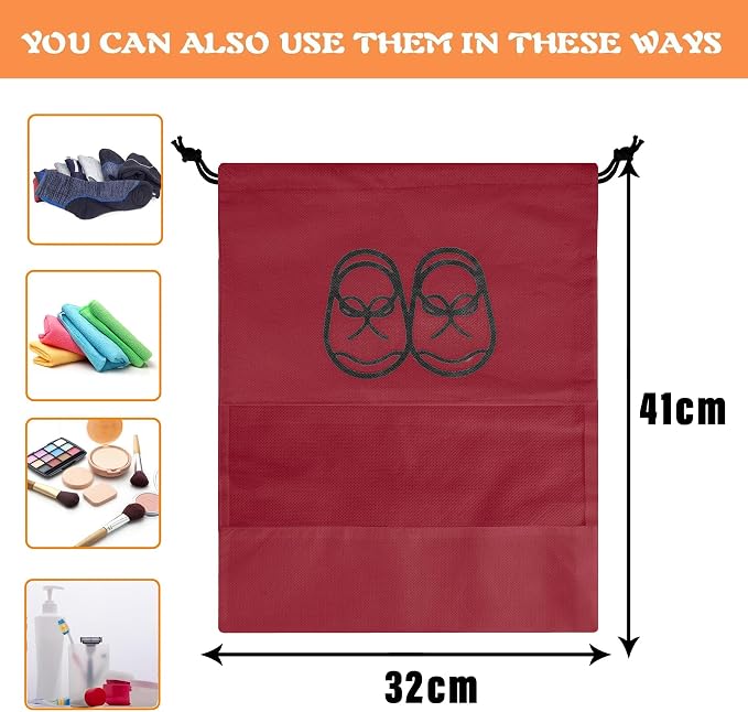 Kuber Industries Shoe Cover | Travel Shoe Storage Bags | Non-Woven Storage Bag | Shoe Cover with Drawstring | Shoe Organizer with Clear window | Plain | Pack of 6 | Maroon - Image 3