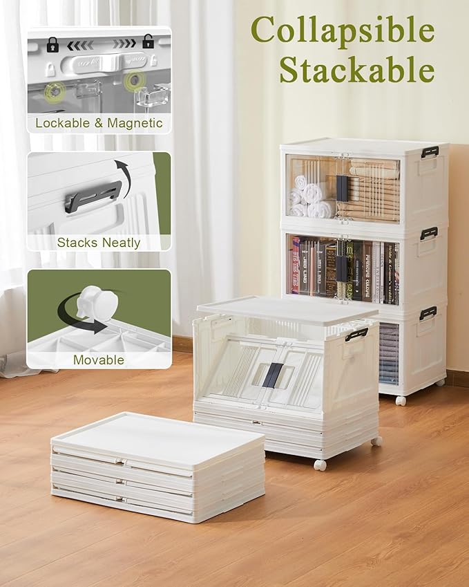 OlarHike 48QT Lockable Storage Bins with Lids - Folding Storage box with Doors & Wheels, Collapsible Plastic Bins for Home, Closets, Dorm, School, Stackable Storage Organizer& Containers, 4 Pack Cubes - Image 4