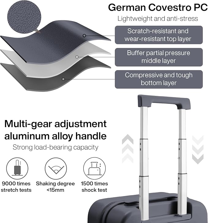 mixi Carry on Luggage, 20'' Suitcase Spinner Wheels Luggage Hardshell Lightweight Rolling Suitcases PC with Cover & TSA Lock for Business Travel, Rock Gray - Image 3