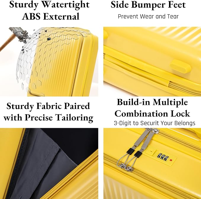 2 Pcs ABS Spinner Luggage Set - 14" Cosmetic Case & 20" Carry-On with Combination Lock, Front Opening Design, Yellow - Image 2