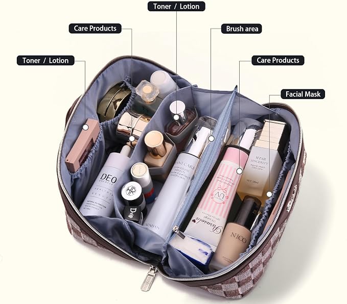 BOYATU Travel Makeup Bag for Women: Large Cosmetic Bag Set of 3 - PU Leather Make up Bag with Compartments - Compact Waterproof Toiletry Bag with Divider & Handle (D-3-Brown) - Image 2