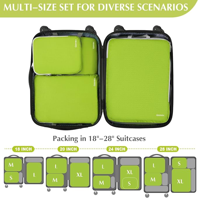 Gonex Compression Packing Cubes, 4pcs Expandable Storage Travel Luggage Bags Organizers (Green) - Image 5