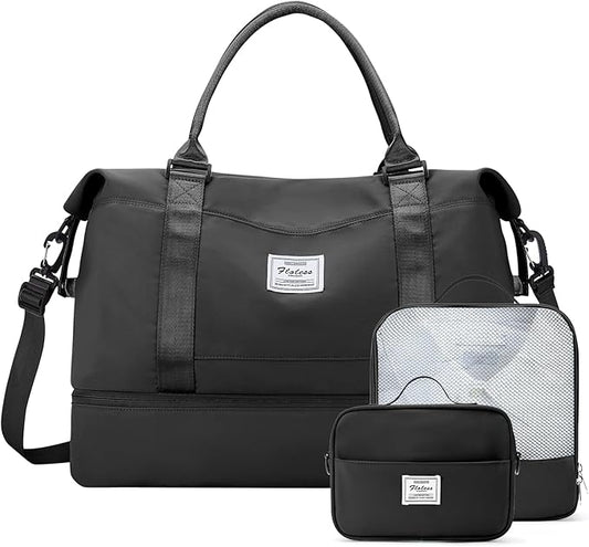 Weekender Bags for Women,Travel Duffle Overnight Bag with Shoe Compartment,Personal Item Carry On Bag,3 Pcs Set,Medium(Black) by SYCNB