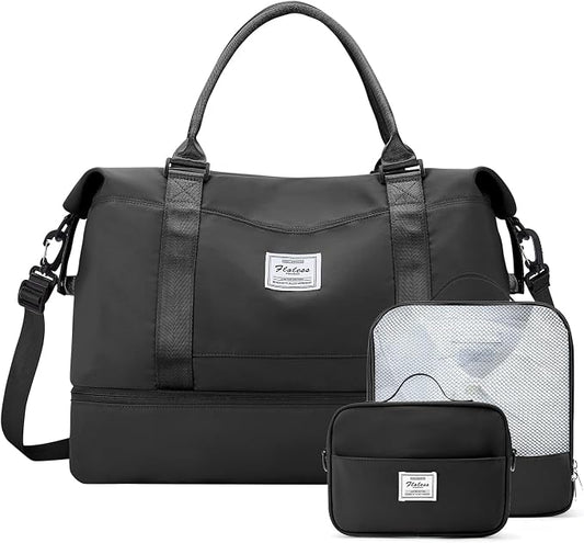 Weekender Bags for Women,Travel Duffle Overnight Bag with Shoe Compartment,Personal Item Carry On Bag,3 Pcs Set,Medium(Black) by SYCNB