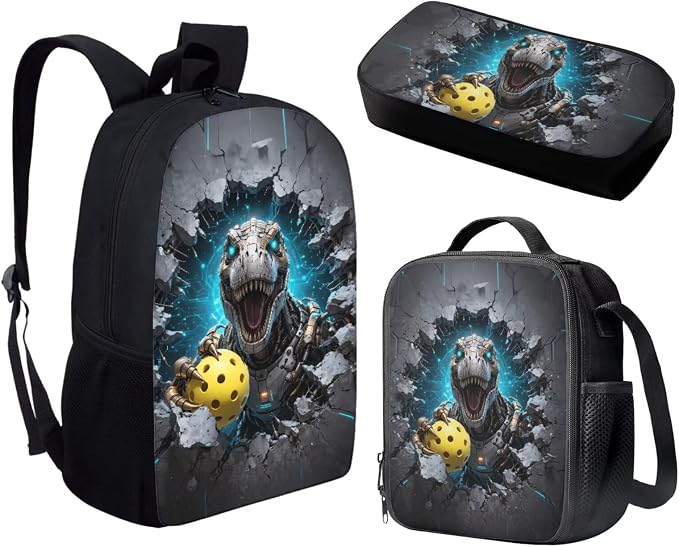 Forchrinse Dinosaur Backpack for Boys 8-10 10-12 Kids Pickleball School Backpack with Lunch Box Pencil Case 3 PCS Kids Bookbag for Elementary Japanese-Style School Bag - Image 2