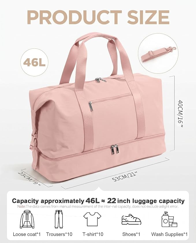 Oeihuivt Weekender Bags for Women, Pink, 21 Inch, 2-Piece Set | Large Travel Duffel Bag, Shoe Compartment, Heavy-Duty Canvas Leather, Carry On Overnight Tote - Image 2