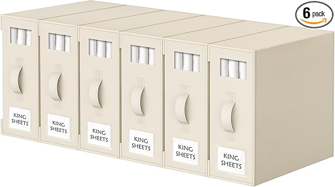 Criusia Bed Sheet Organizers and Storage, 6 Pack Foldable Linen Closet Organizer Box – Bedding Holder for Sheet Set (King/Queen Sizes), Duvet Covers, Blankets (Beige) by Criusia