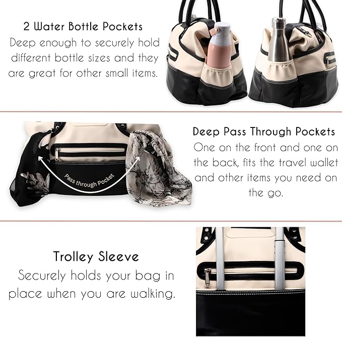 Borsali Weekender Bag for Women - Travel Carry On Duffel -Vegan Leather with Travel Wallet, Packing Cubes, Shoe Covers & Glasses Case (Cream/Black) - Image 5