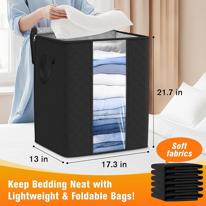 SpaceTrove Clothes Storage Bags, 6-Pack Comforter Blanket Organizers, 80L Large Capacity Containers with Visual Window for Clothing, Quilt, Sheet, Pillow, Closet Organization for Bedding (Black) - Image 2