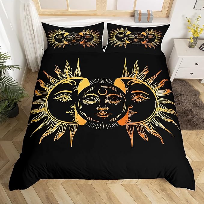 Golden Sun and Moon Comforter Cover Set Twin Size Bohemian Style Mandala Pattern 2-Pieces Hotel Luxury Soft Bedding Set Boho Exotic Theme Duvet Cover Set with Zipper Ties for Adult Women Girls Teen by Erosebridal