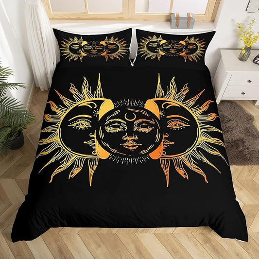 Golden Sun and Moon Comforter Cover Set Full Size Bohemian Style Mandala Pattern 3-Pieces Hotel Luxury Soft Bedding Set Boho Exotic Theme Duvet Cover Set with Zipper Ties for Adult Women Girls Teen by Erosebridal