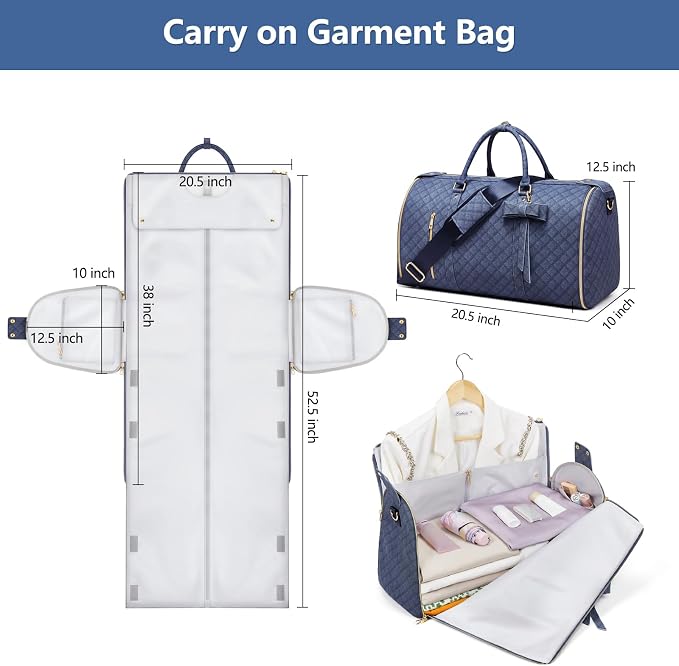Garment Bags for Travel, Convertible Suit Travel Bag for Women, Stylish Carry On Garment Bag with Toiletry Pocket, Shoulder Strap & Shoes Compartment, 2 in 1 Foldable PU Leather Duffle Bag, Navy Blue - Image 6