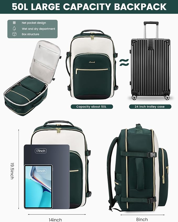 LOVEVOOK 50L Large Travel Backpack for Women, Carry on Backpack Airline Approved, Waterproof Travel Essentials fits 18" Laptop, TSA Personal Item Travels Bag Sports Backpack with 3 Packing Cubes - Image 3