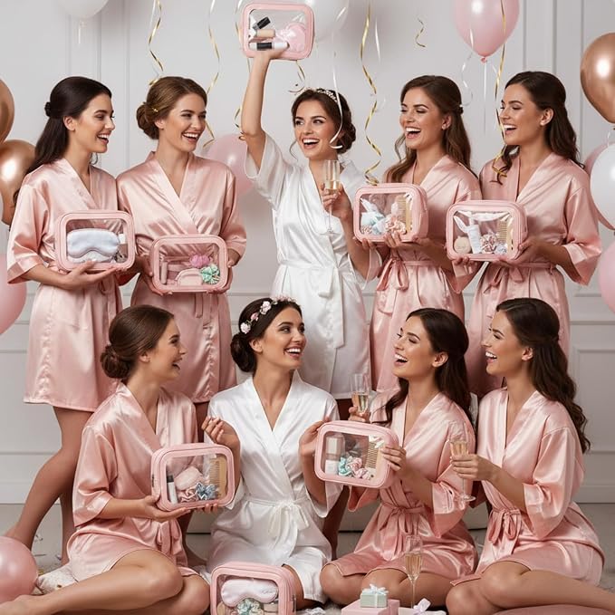 Abbylike 10 Pcs Clear Makeup Bags Bulk Tsa Approved Clear Toiletry Bags with Zipper PU Leather Waterproof Travel Makeup Organizer for Women Wedding Bridal DIY Gifts Bachelorette Party (Pink) - Image 2