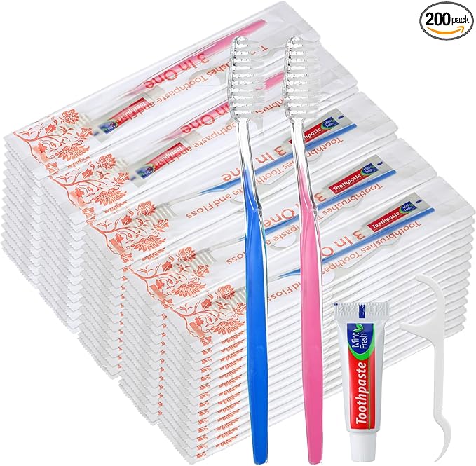 200 Sets Bulk Disposable Toothbrushes Toothpaste Floss Individually Wrapped Dental Floss Pick Kit Homeless Hygiene Kit Bulk Homeless Care Package Supplies for Travel Hotel (Light Blue Pink)