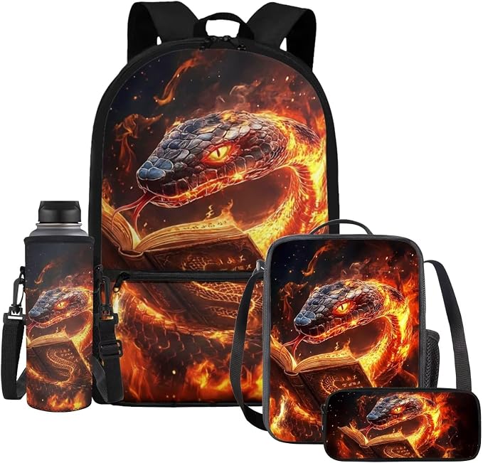 Reading Boys Snake School Backpack 4Pcs Set with Insulated Lunch Box Pencil Case Water Bottle Holder 17 Inch Cool Fire Snake Bookbag Ages 5-12 Grades K-6 Back to School Birthday Gifts by Dremagia