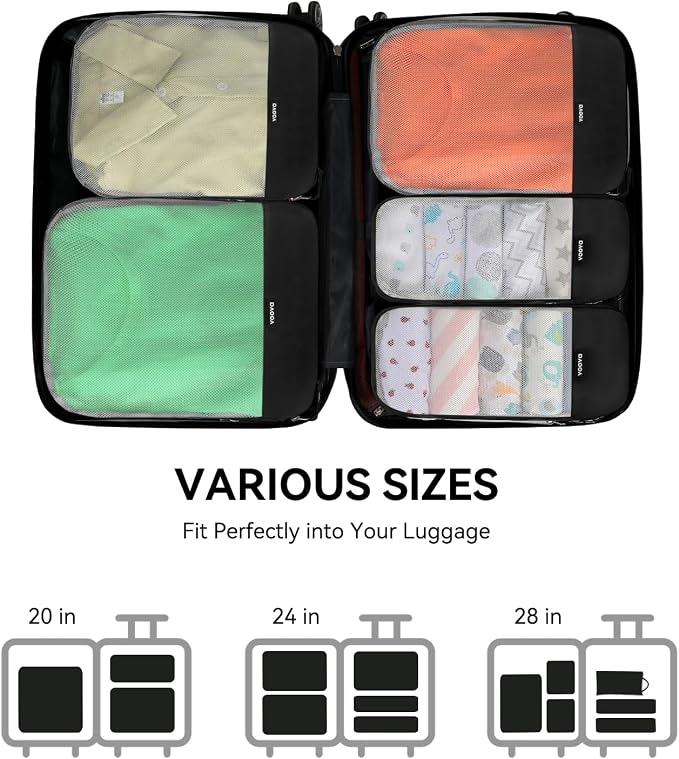 Voova 6 Set Compression Packing Cubes, Travel Accessories Expandable Packing Organizer Bags Set for Carry on Suitcase, Durable Luggage Packing Cubes for Travel Essentials, Black - Image 5