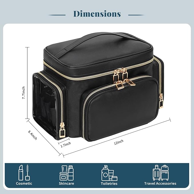 Large Makeup Bag with LED Mirror, Travel Makeup Bag Organizer for Women Girls with Makeup Brush Compartment & Two Side Pockets, 3 Color Lights Cosmetic Toiletry Bag- Leather Black - Image 6