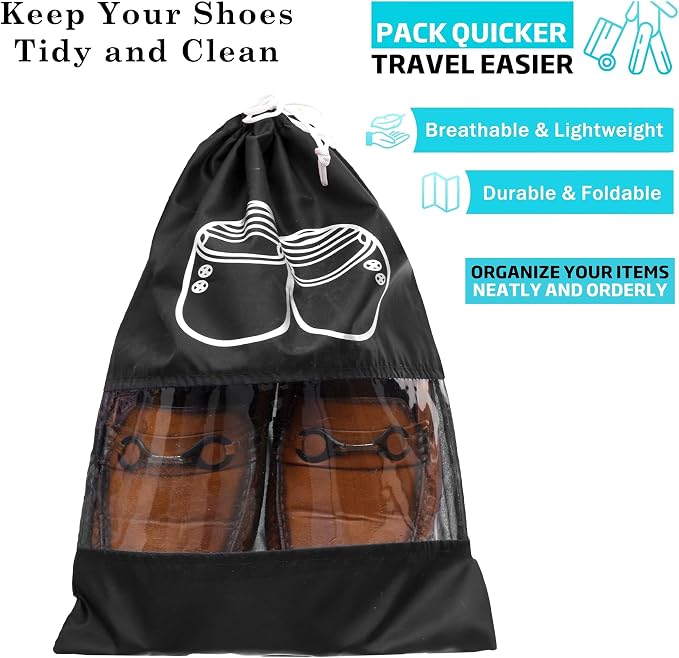 Kuber Industries Shoe Cover | Travel Shoe Storage Bags | Polyester Storage Bags | Drawstring Shoe Cover | Clear Transparent Shoe Storage Organizer | Pack of 12 | Black - Image 2
