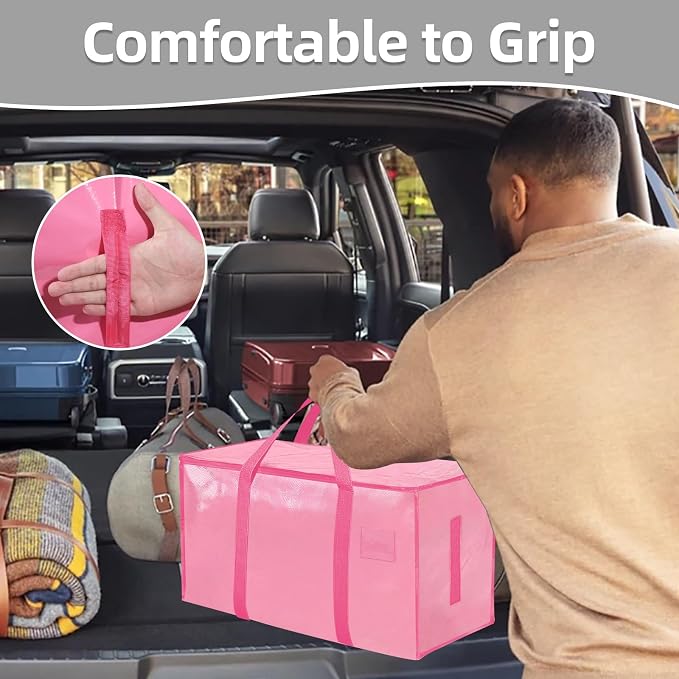 8 Pack-Extra Large Heavy Duty Moving Bags - Waterproof Storage Totes with Handles & Zippers, Foldable for College Dorm, Storage (Pink) - Image 6
