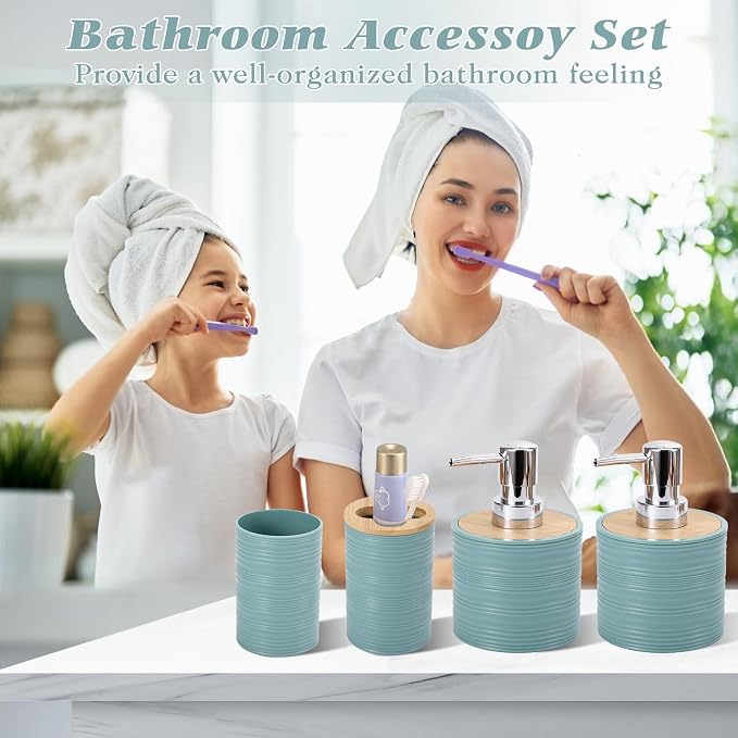 XLHOMO Blue Bathroom Set, Light Blue Bathroom Accessories Set with Trash Can, 2PCS Soap Dispensers, Soap Dish, Toothbrush Holder, Toothbrush Cup,Toilet Brush, Tray and Qtip Holders for Bathroom Decor - Image 3
