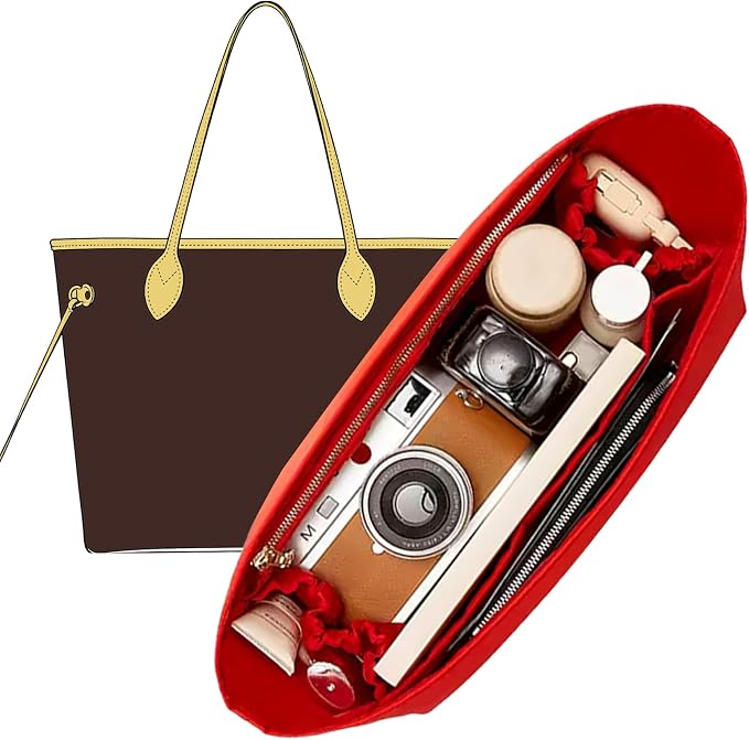 Doxo Purse Organizer Insert for LV Neverfull MM, Premium Nylon Bag Organizer with YKK Zipper & Bottle Holder, Multi Compartments Lightweight Waterproof Handbag Interior Divider, Red by Doxo