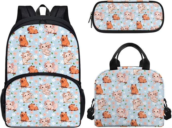Capybara and Axolotl 3Pcs Backpack Sets, Kids Bookbags Primary School Daypack Elementary Students Knapsack with Insulated Lunch Box Pencil Case for Teens by CndexdWearfunPrintjoy