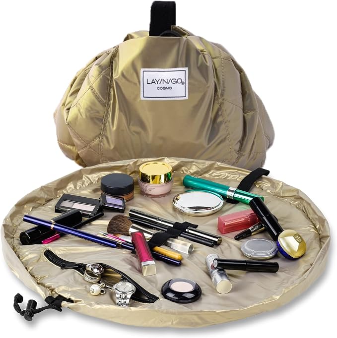 Lay-n-Go Cosmo Drawstring Cosmetic & Makeup Bag Organizer - Portable Drawstring Bag w/Zipper Pocket, Makeup Loops & More - Durable, Machine Washable Toiletry Bag for Travel (20", Metallic Gold) by Lay-n-Go