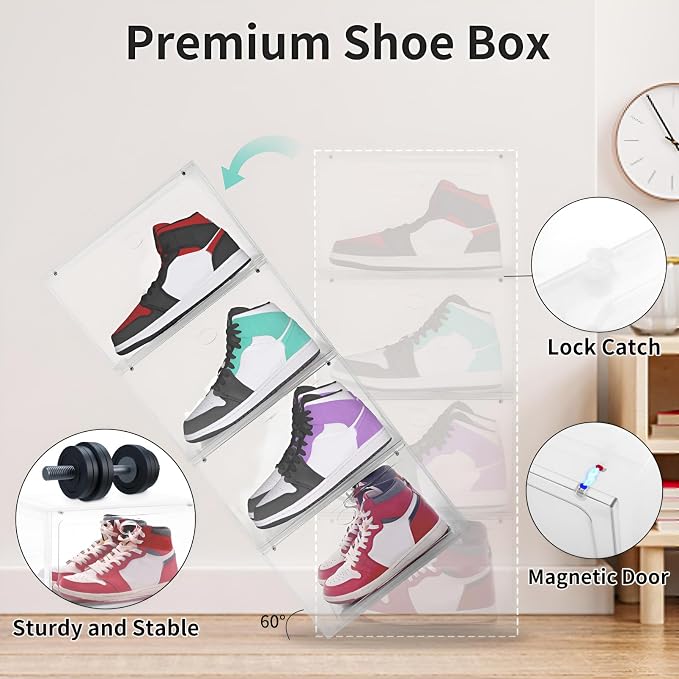 Large Shoe Boxes Clear Plastic Stackable, 8 Pack Drop Side Shoe Storage Organizer with Magnetic Door, Shoe Container Sneaker Storage Display Case Fit up to US Size 13 CLEAR - Image 3