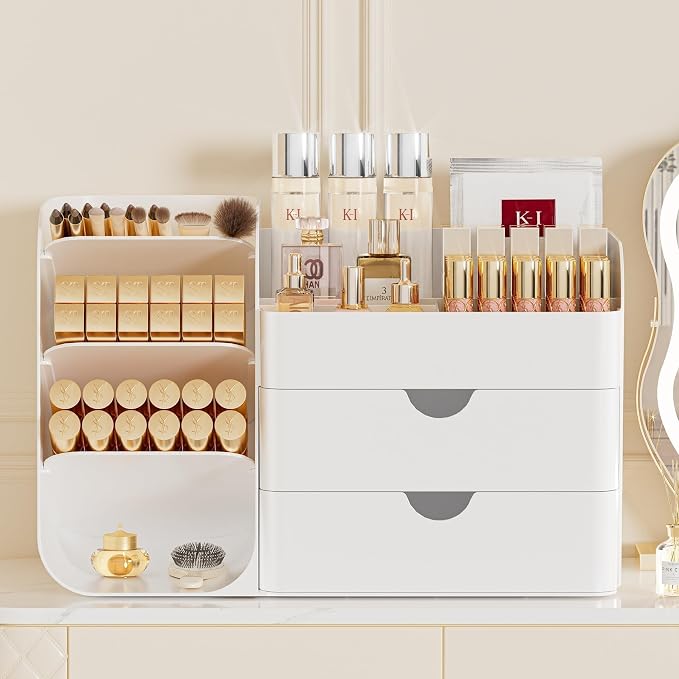 Makeup Organizer with Drawers, Large Capacity Countertop Organizer for Vanity, Bathroom and Bedroom Desk Cosmetics Organizer, Easy To Storage Skincare, Brushes, Eyeshadow, Lipstick (All White) - Image 2