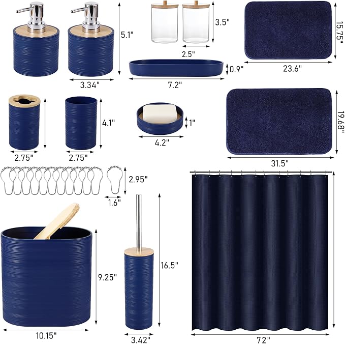 XLHOMO Bathroom Set - Navy Blue Bathroom Accessories Set, Bathroom Sets with Shower Curtain and Rugs, 25PC Shower Curtain Set with Hooks, Soap Dispenser, Soap Dish, Toilet Brush Holder and Trash Can - Image 6