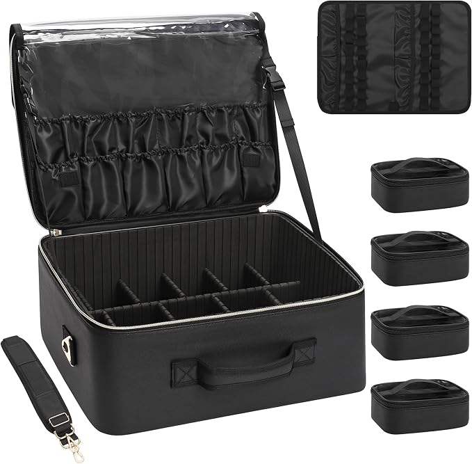 Relavel Extra Large Makeup Case Professional Cosmetic Storage Organizer Box Brush Holder with 4 Clear Set Bags for Makeup Artists with Shoulder Strap & Adjustable Dividers, Leather Black by Relavel