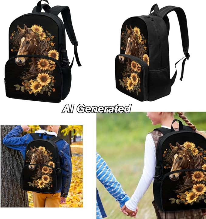 Sunflower Horse Backpack for School Girls 10-12 12-14 Middle School Bag Set with Lunch Box Pencil Case 3 Pcs Elementary High Bookbag Back Pack Purse 17 inch, Horse Pattern - Image 3