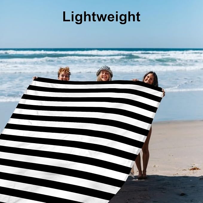 ADecor Waterproof Beach Blanket, Black & White Stripe Sand Free Beach Mat, Large 78''×86'' Foldable Compact Beach Blanket for 1-4 Adults with Stakes, Beach Vacation Essential Accessory Must Haves - Image 4