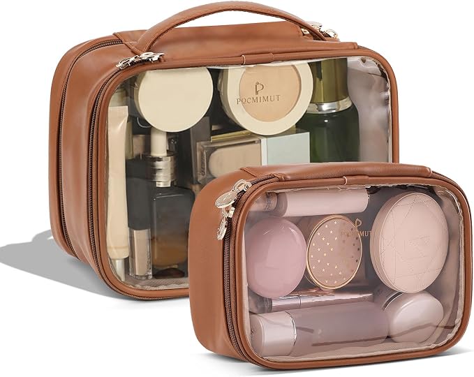 Pocmimut Clear Makeup Bags,Small Makeup Pouch with Large Cosmetic Bag Toiletry Bag Car Accessories Storage for Women Men,Travel Essentials Organizers,Brown by Pocmimut