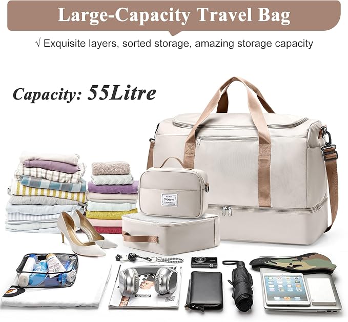 Extra Large Travel Duffel Bag, Carry-On Weekender Bags for Women Travel | Overnight Weekend Bag with Shoes Compartment for Travel Business Trips Sport Hospital,3 Pcs Set,Beige & Brown - Image 3